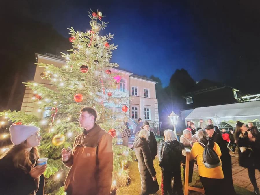 Gäste neben dem beleuchteten Weihnachtsbaum vor dem Landhaus Wandlitzsee